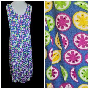 Retro 90s Fruit Print Colorful Maxi Button Down Dress Long Rayon Sz L Or Loose M